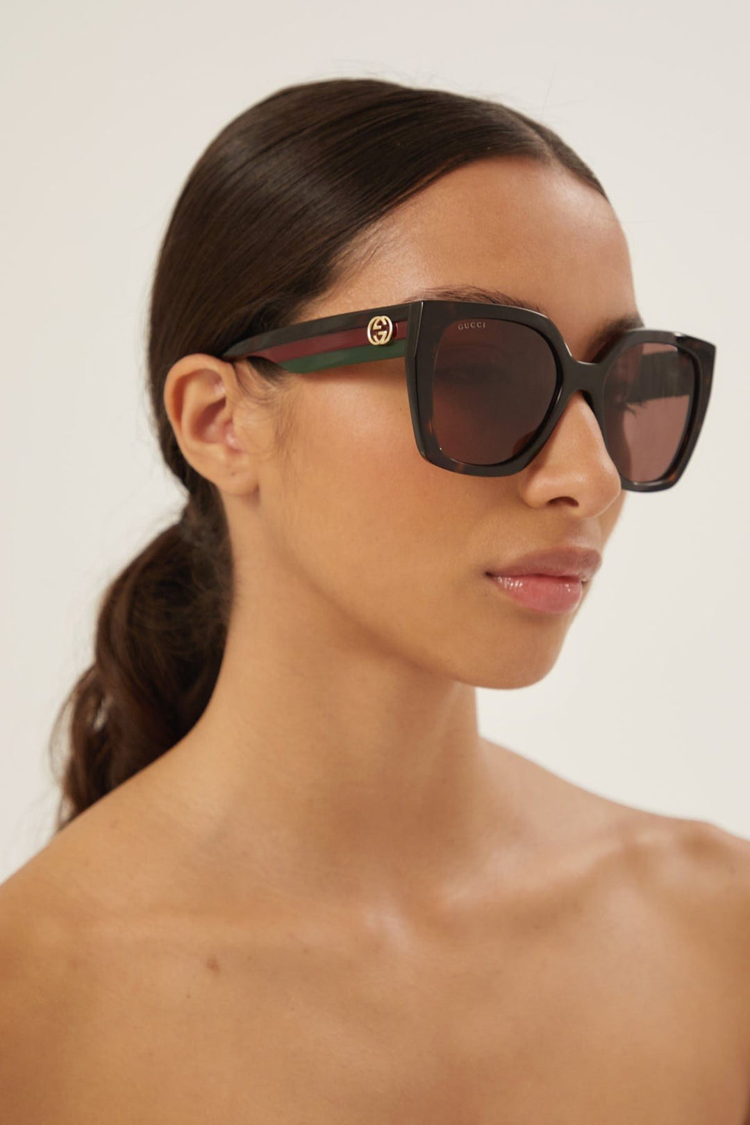 Gucci squared havana sunglasses with web temple