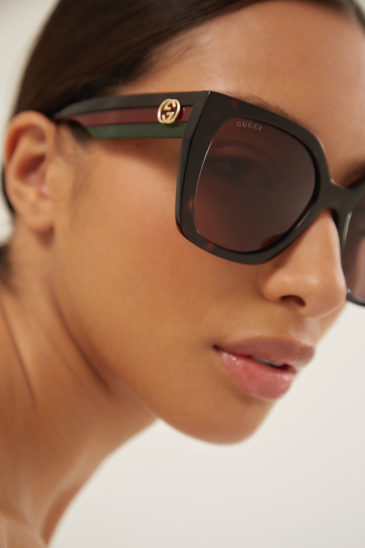 Gucci squared havana sunglasses with web temple