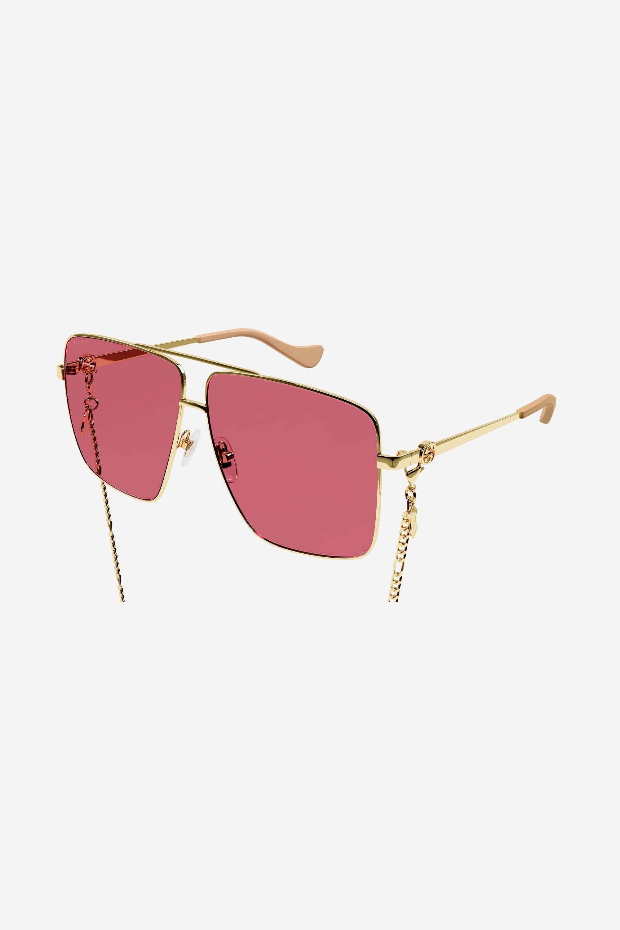 Gucci squared metal gold sunglasses with chain