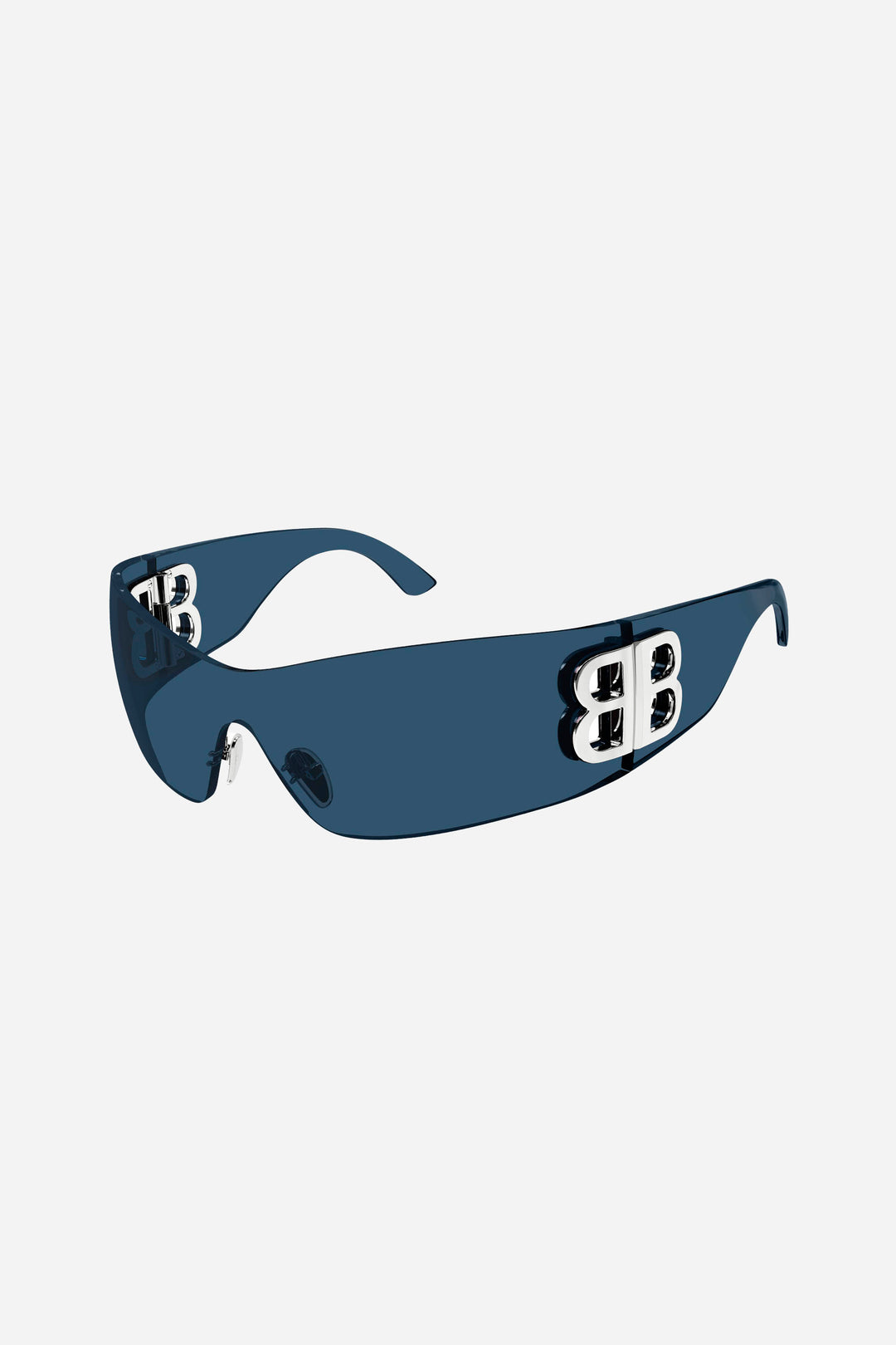 Single lense blue sunglasses with silver logo