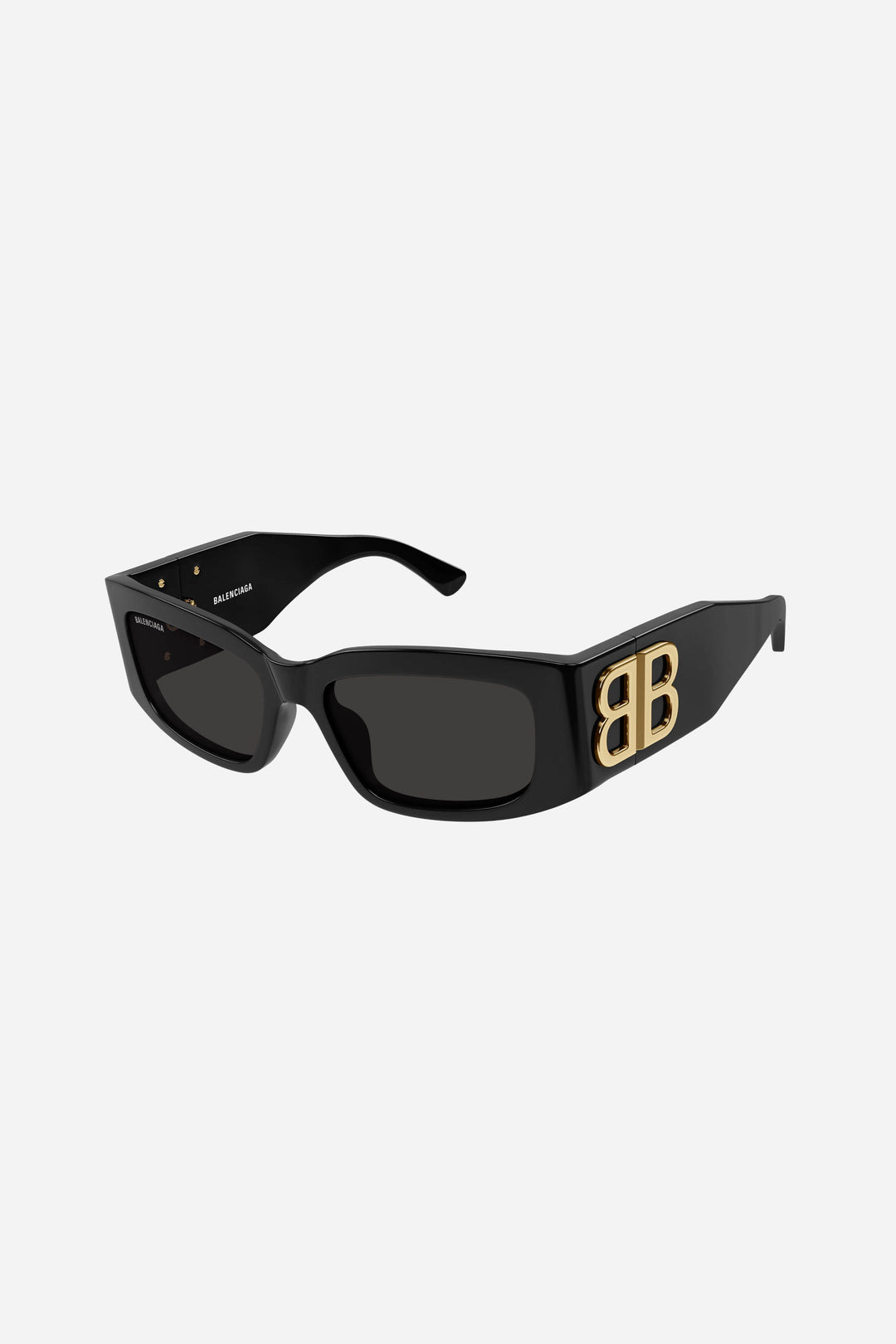 Black rectangular Balenciaga sunglasses with gold logo