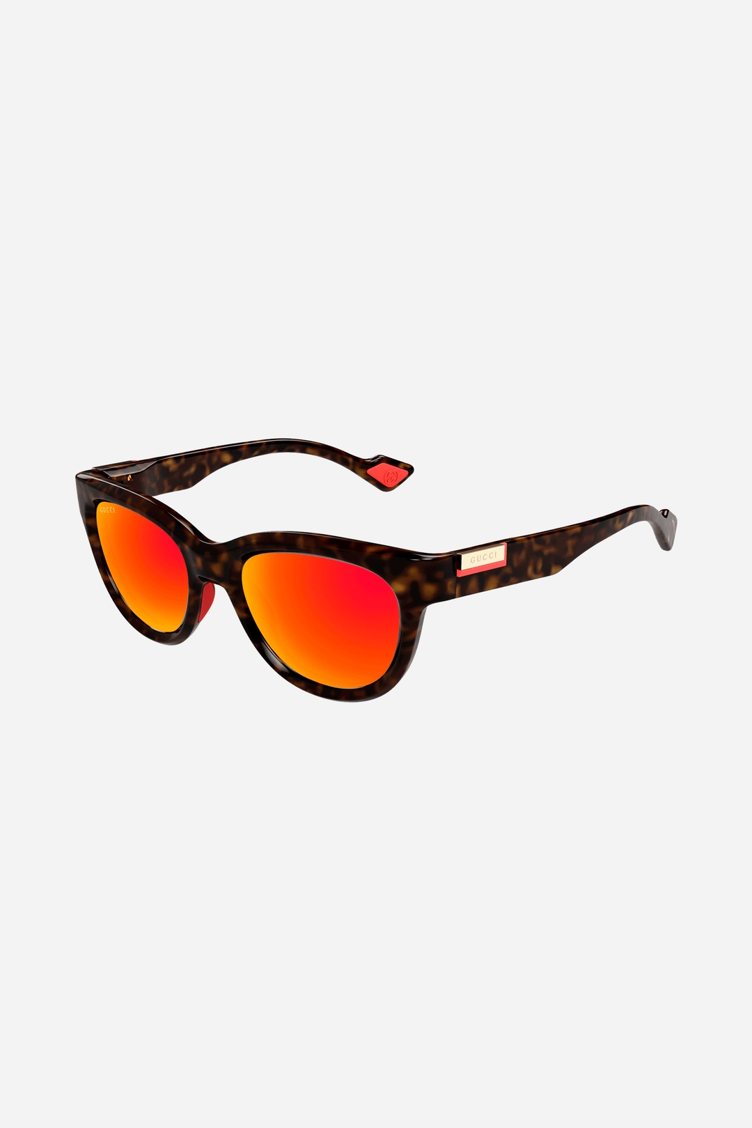 Brown Gucci sunglasses with gradient red lenses