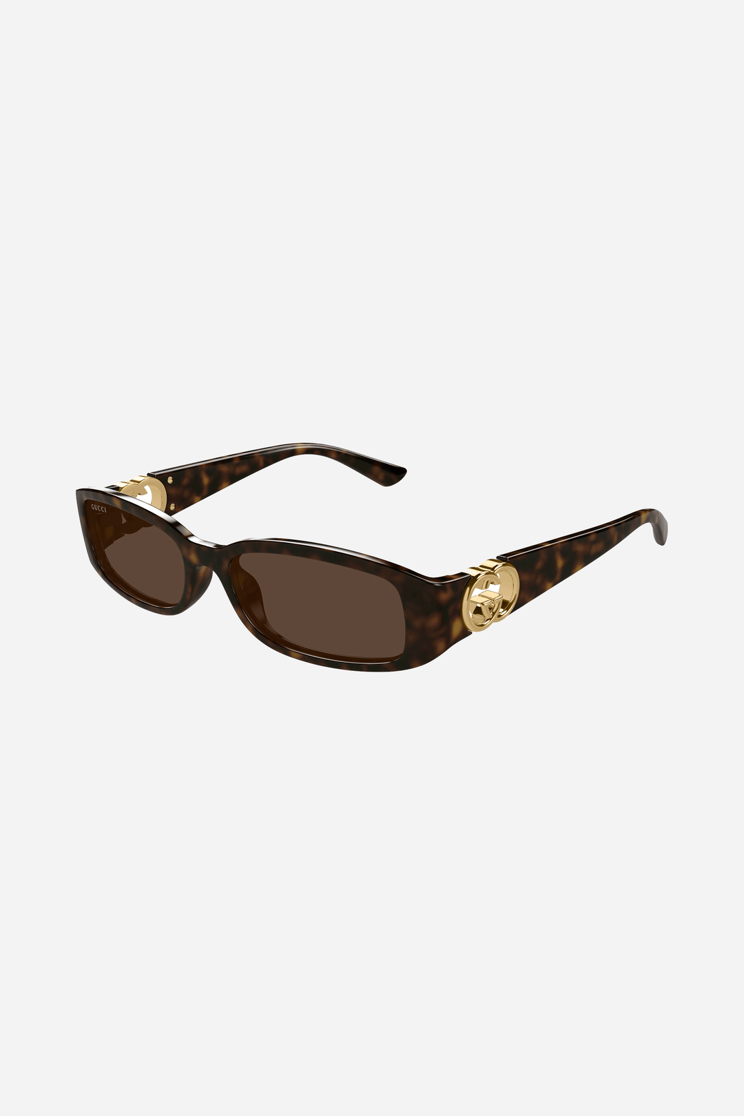 Brown rectangular Gucci sunglasses with gold logo