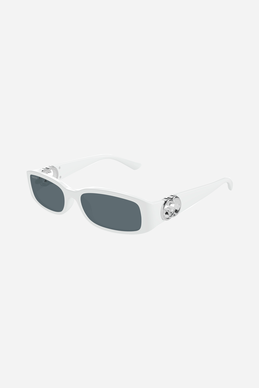 White rectangular Gucci sunglasses with silver logo