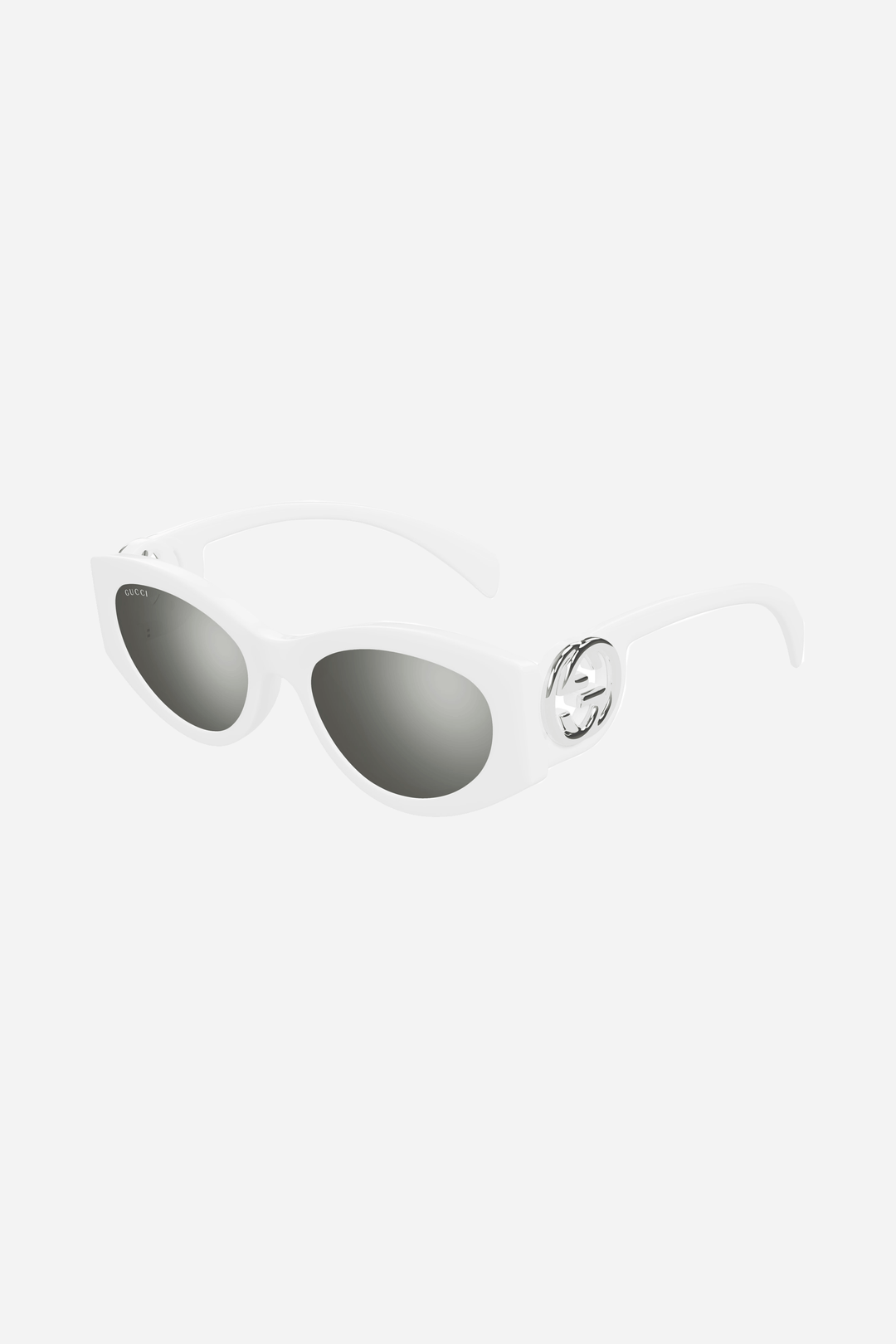 White and silver oval Gucci sunglasses with silver logo