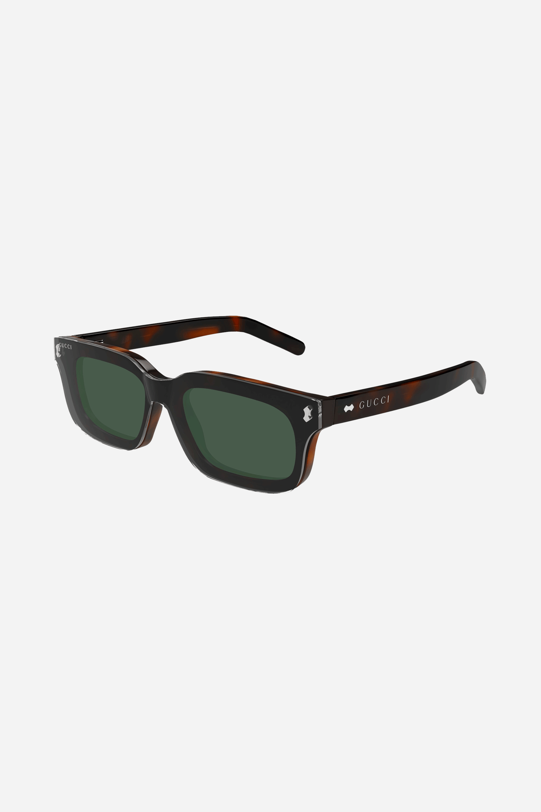 Brown rectangular Gucci sunglasses with green lense made of recycled acetate